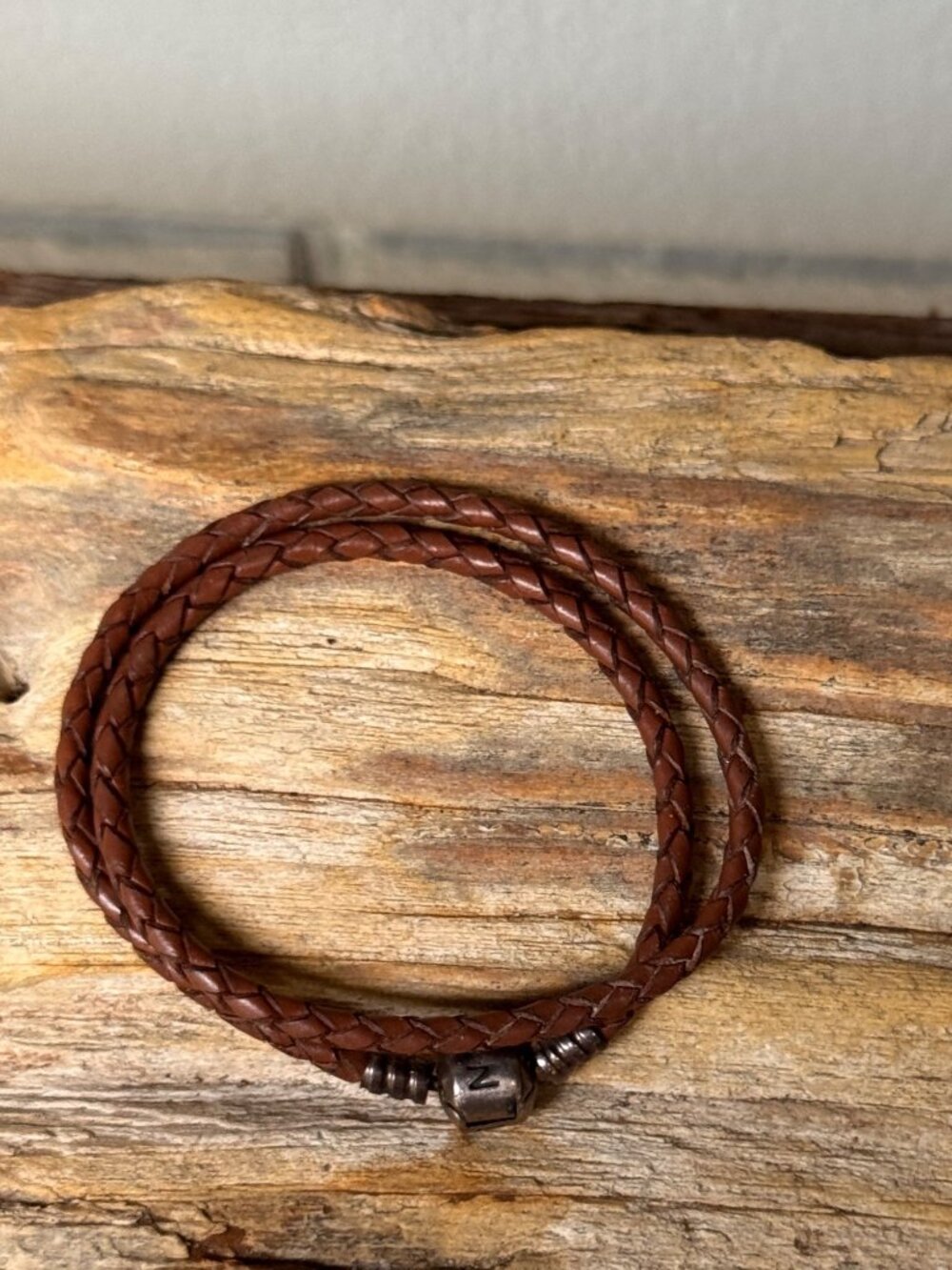 Pandora 590745CBN-D1 Brown Braided Leather Double Wrap Bracelet Sterling 13.8”